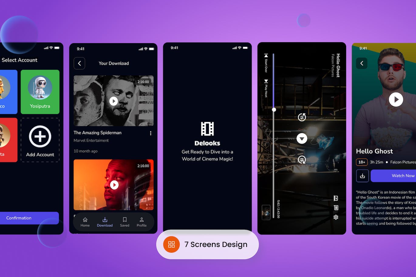 电影流媒体设计应用程序UI 套件 Delooks &#8211; Movie Streaming Design AppS