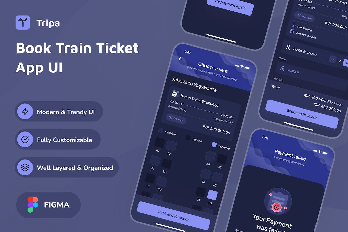 深色模式预订火车票应用程序 UI套件 Tripa &#8211; Book Train Ticket Dark Mode App UI