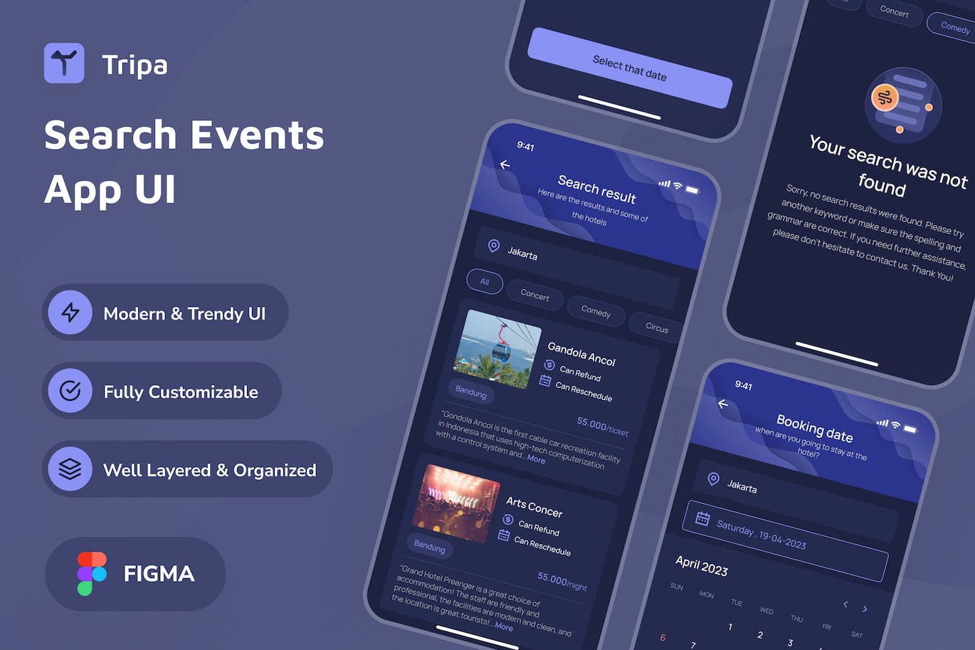 深色模式搜索活动应用程序 UI套件 Tripa &#8211; Search Events Dark Mode App UI