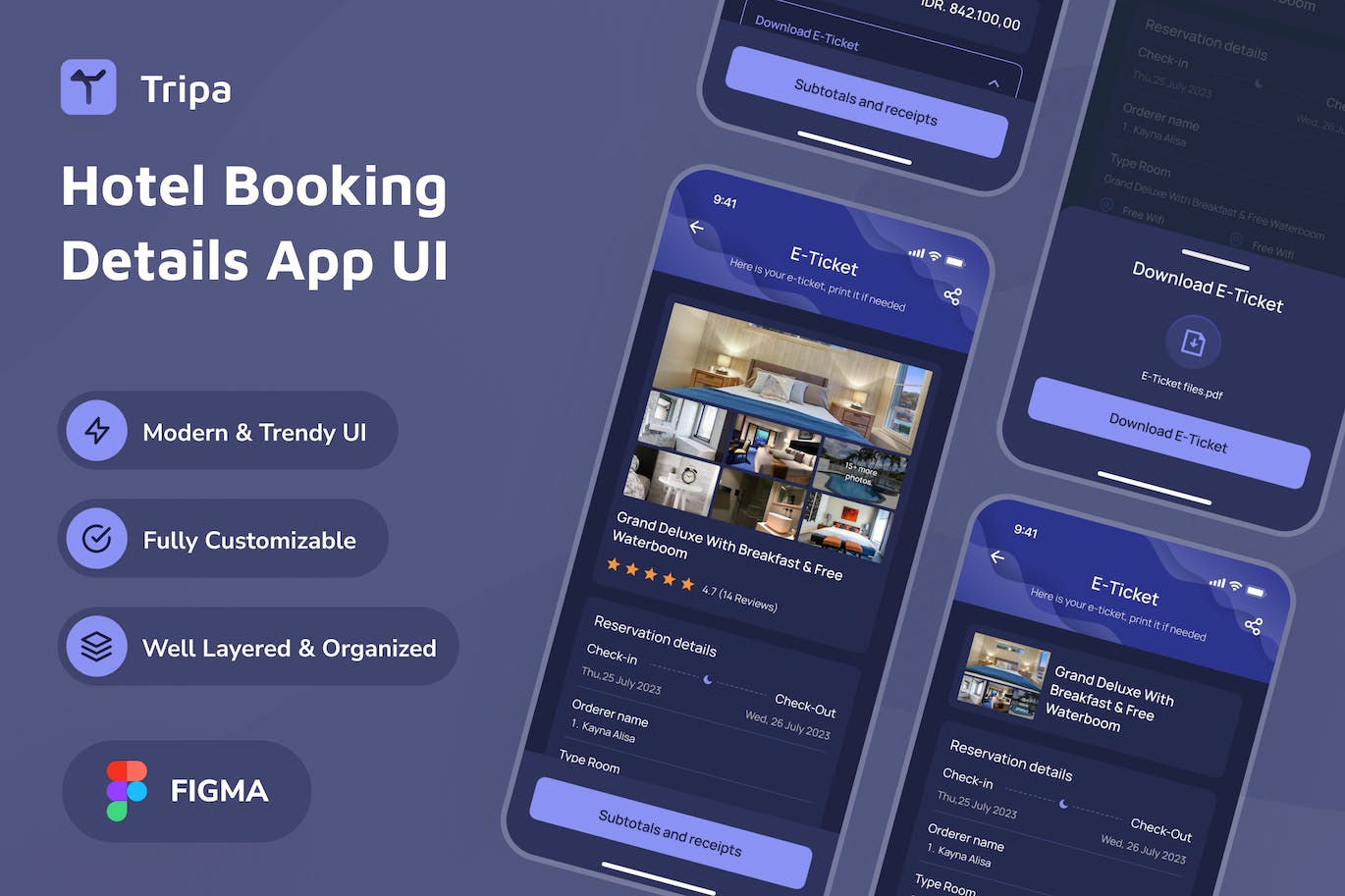 深色模式酒店预订详情应用程序UI套件 Tripa &#8211; Hotel Booking Details Dark Mode App UI