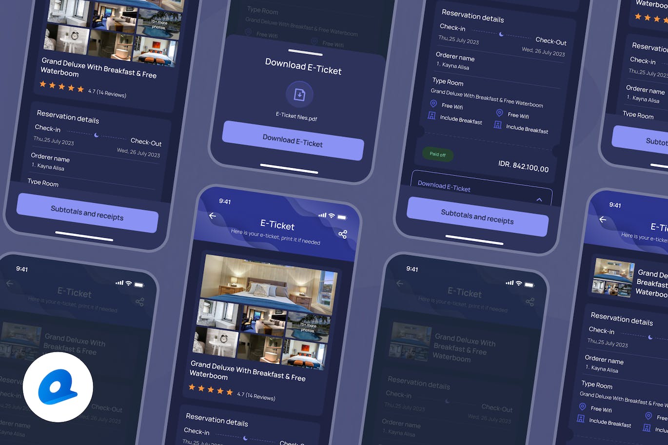 深色模式酒店预订详情应用程序UI套件 Tripa &#8211; Hotel Booking Details Dark Mode App UI