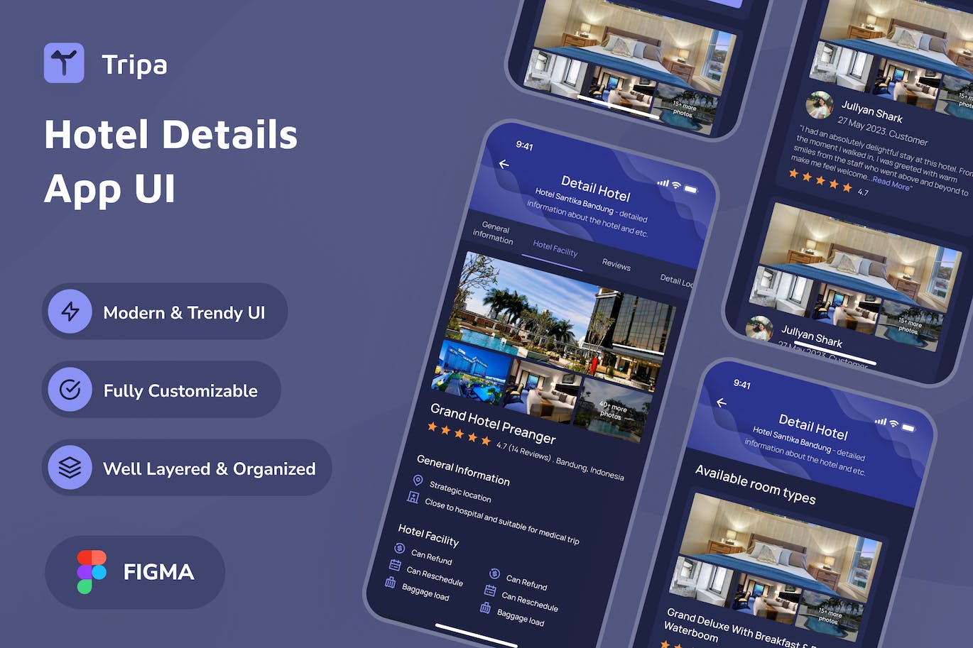 深色模式酒店详情应用程序UI套件 Tripa &#8211; Hotel Details Dark Mode App UI