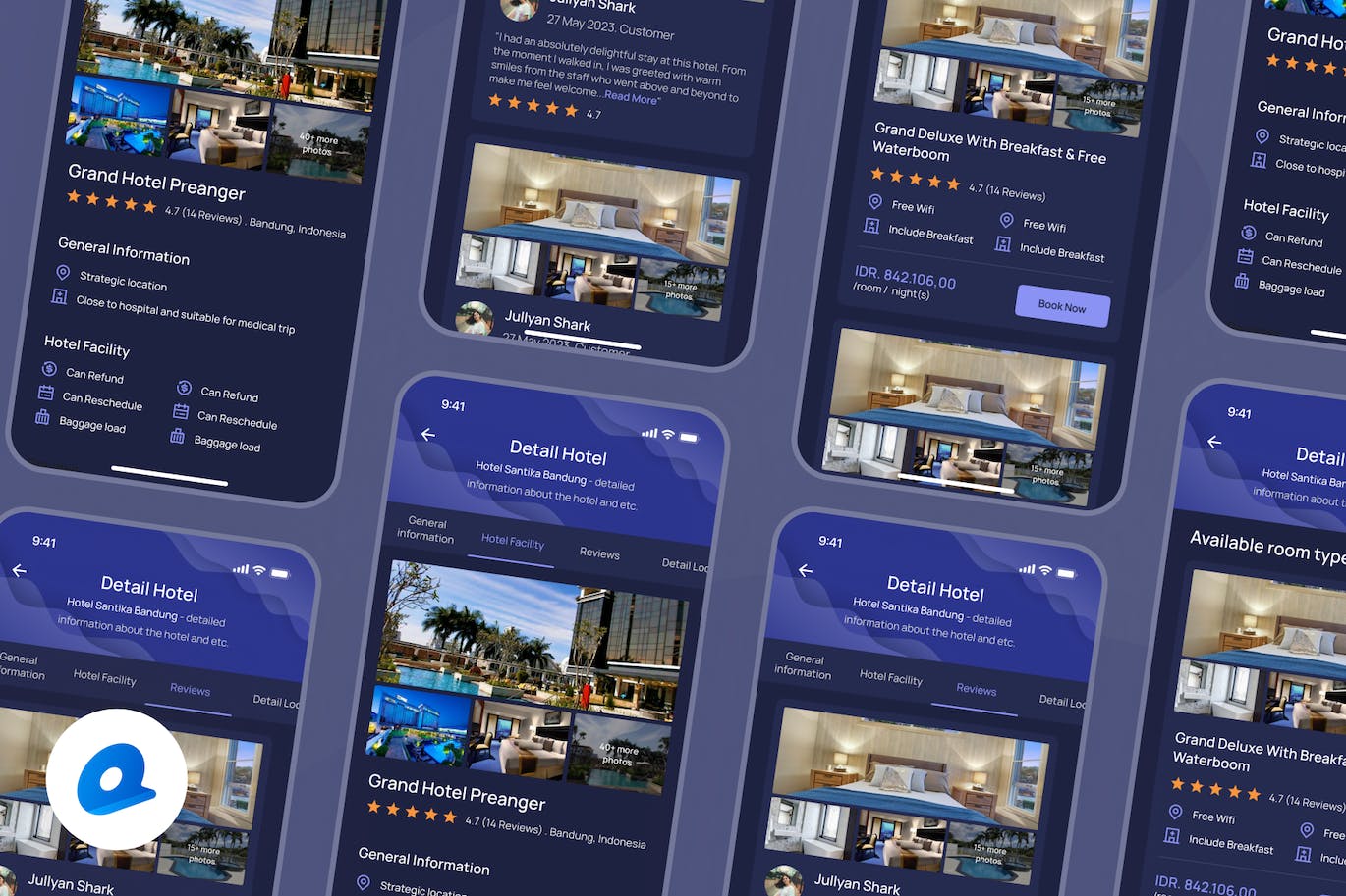 深色模式酒店详情应用程序UI套件 Tripa &#8211; Hotel Details Dark Mode App UI