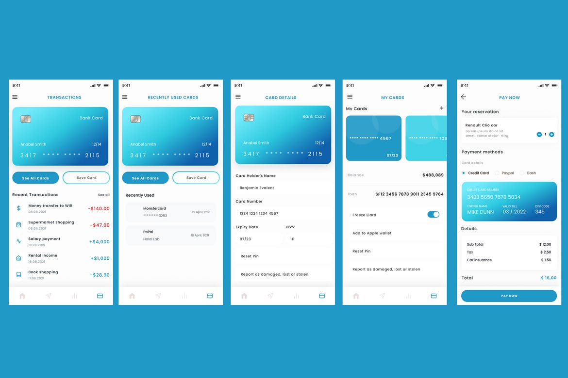 电子银行卡App应用模板 Bank Card, Transactions, Used Cards &amp; Payments App