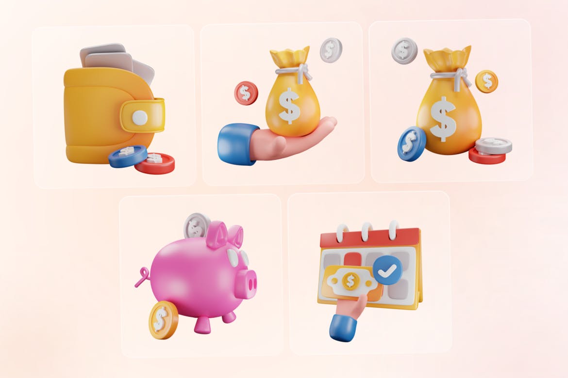 3D货币交易类型金融图标 3D Money Savings Bank Deposit Debit Finance Icons