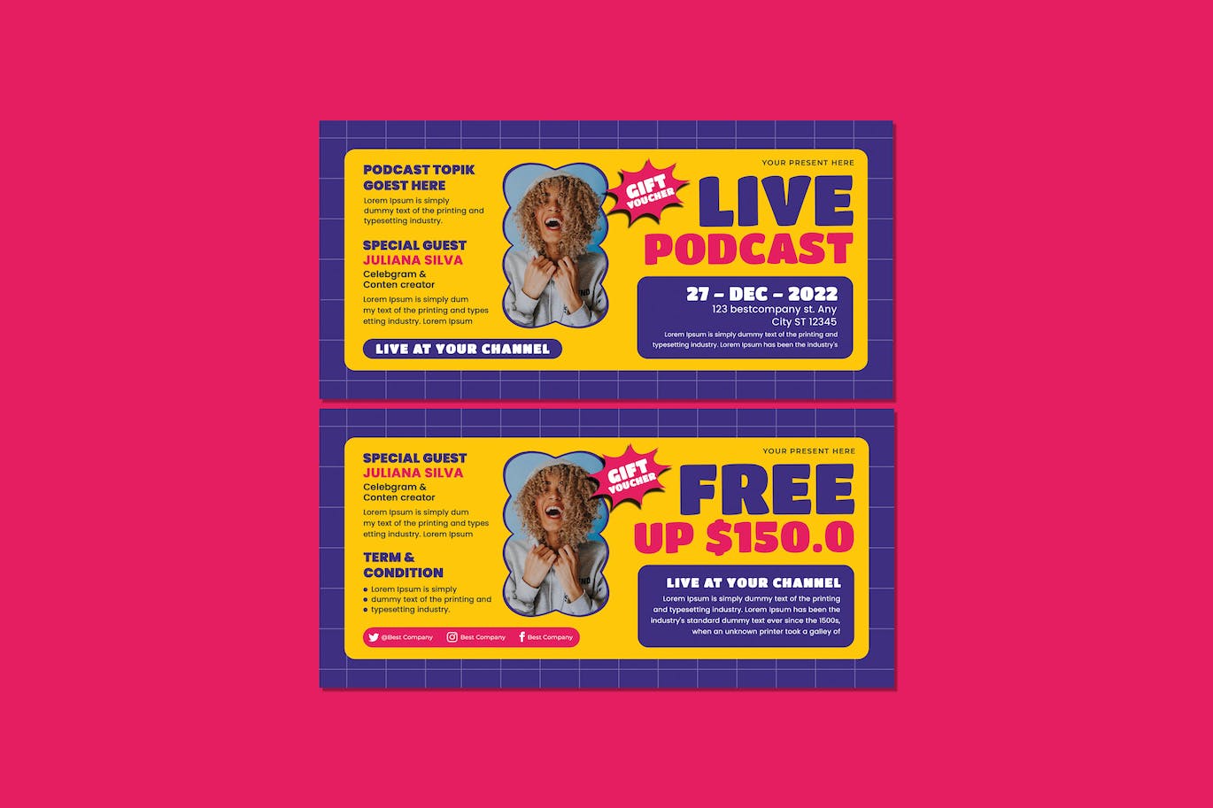 直播播客优惠券设计模板 Live Podcast Voucher