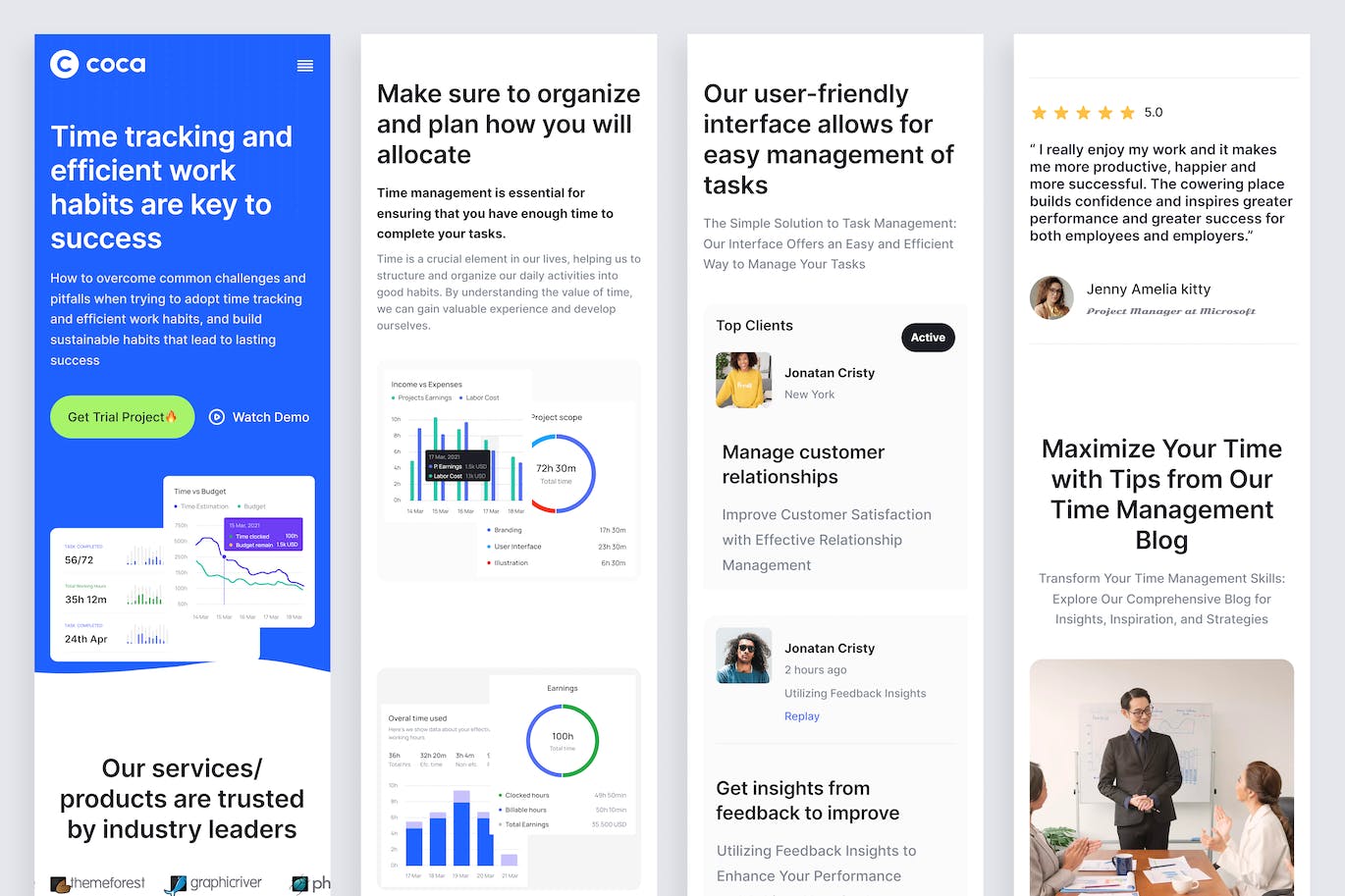 时间跟踪着陆页响应式UI套件 Coca &#8211; Time Tracking Landing Page Responsive
