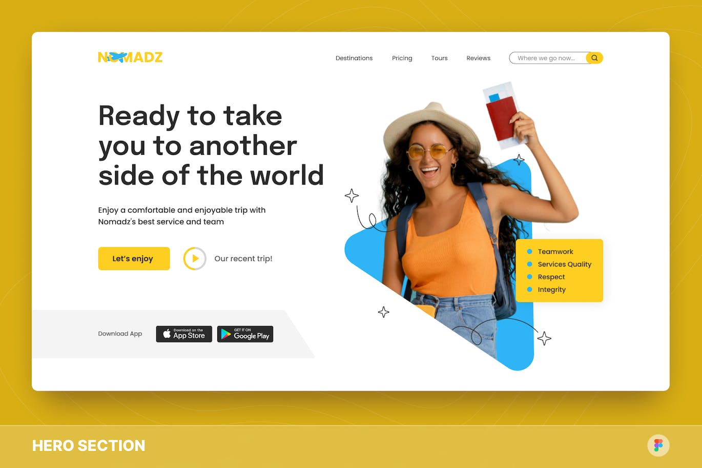 简洁干净旅行社网站头图设计Figma模板 Nomadz &#8211; Tour &amp; Travel Agency Hero Section Figma
