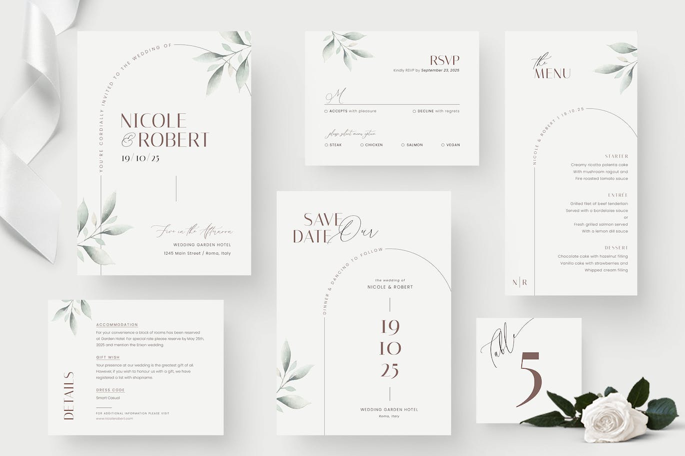 叶子元素婚礼邀请请柬套装设计模板 Foliage Wedding Invitation Suite