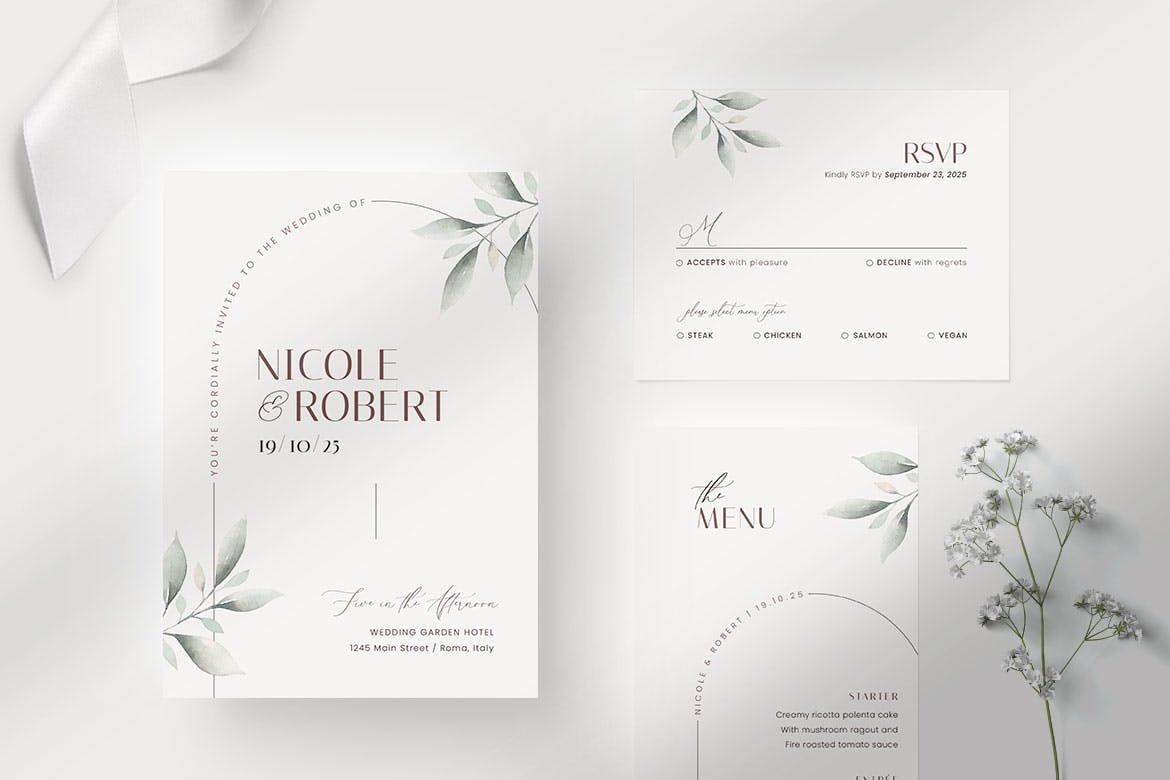 叶子元素婚礼邀请请柬套装设计模板 Foliage Wedding Invitation Suite