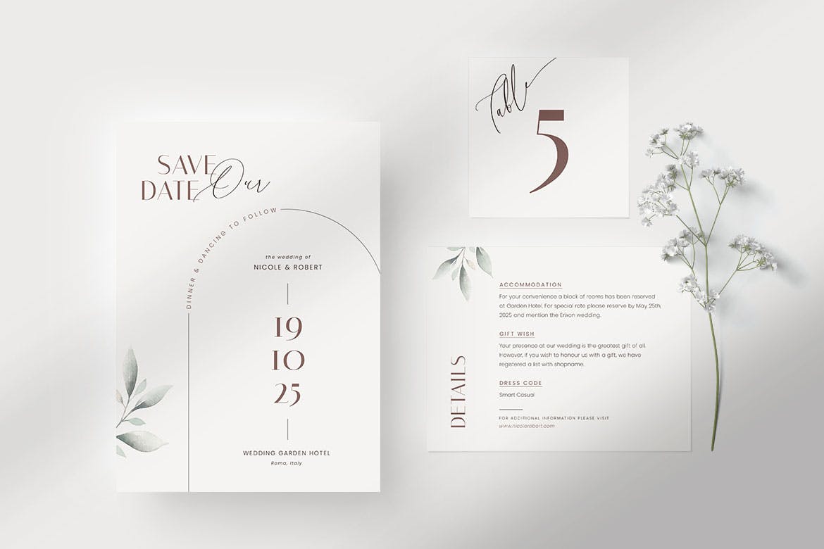 叶子元素婚礼邀请请柬套装设计模板 Foliage Wedding Invitation Suite