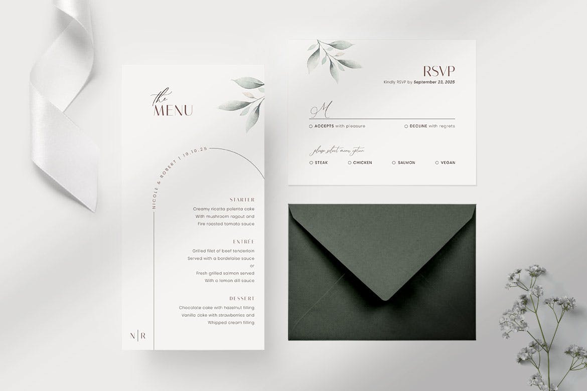 叶子元素婚礼邀请请柬套装设计模板 Foliage Wedding Invitation Suite