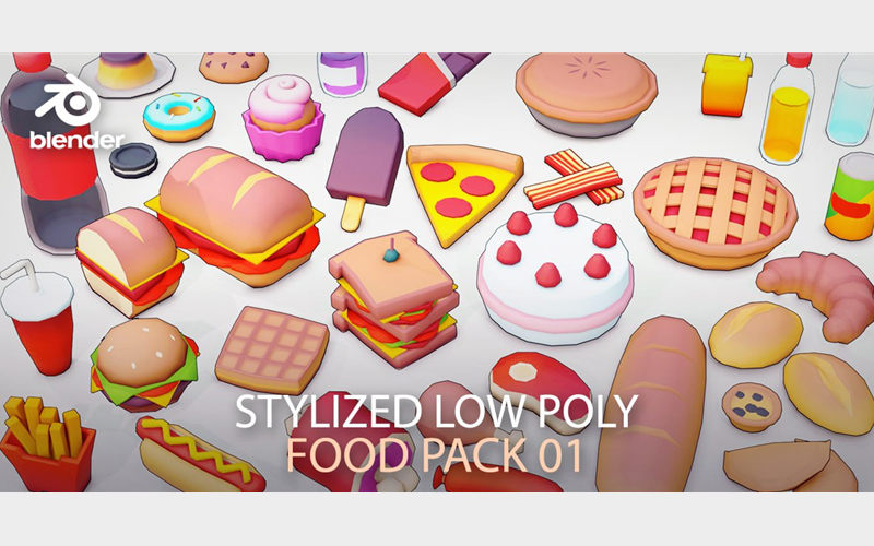 卡通漫画食物美食3D模型资产 Stylized Low Poly Food Pack 01_