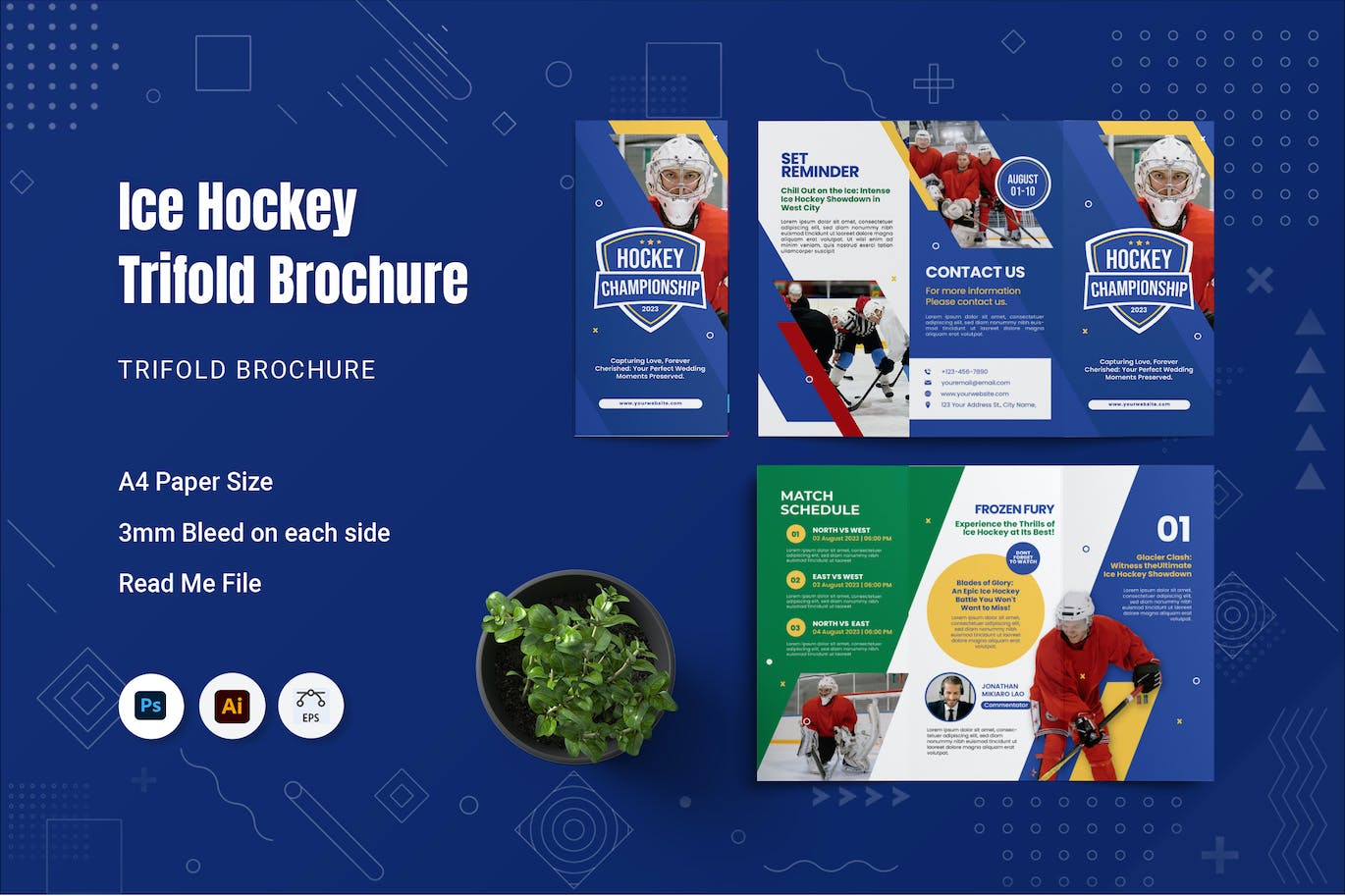 冰球运动三折小册子设计模板 Ice Hockey Trifold Brochure