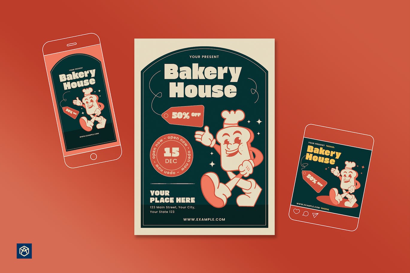 复古面包店海报模板 Retro Bakery House Flyer Set 004