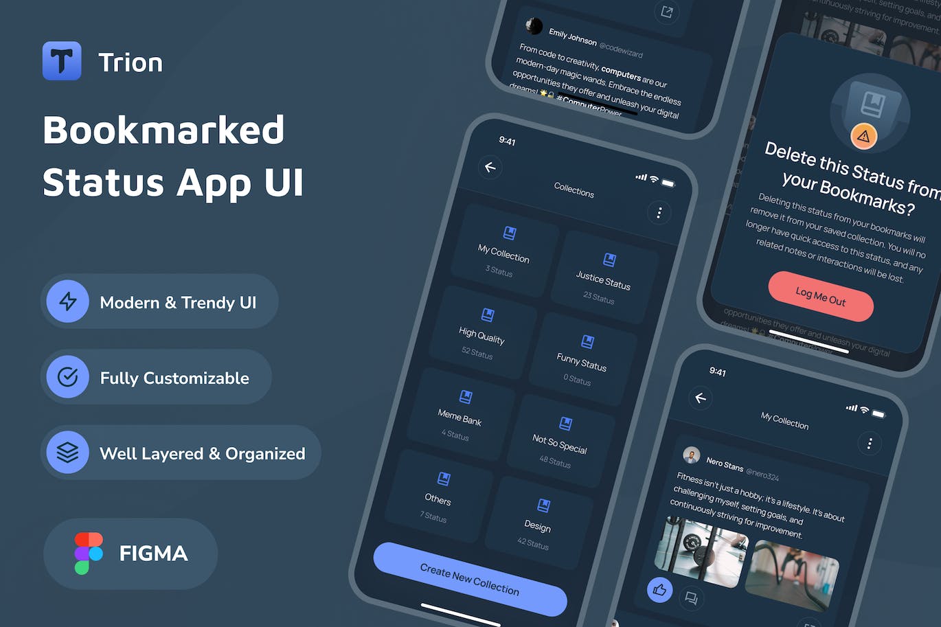 暗黑模式应用程序书签状态页面设计UI模板 Trion &#8211; Bookmarked Status Dark Mode App UI