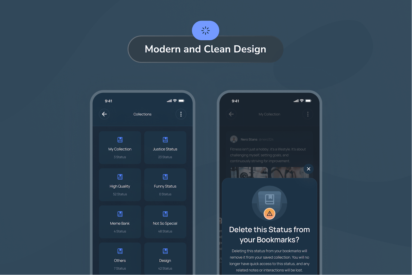 暗黑模式应用程序书签状态页面设计UI模板 Trion &#8211; Bookmarked Status Dark Mode App UI