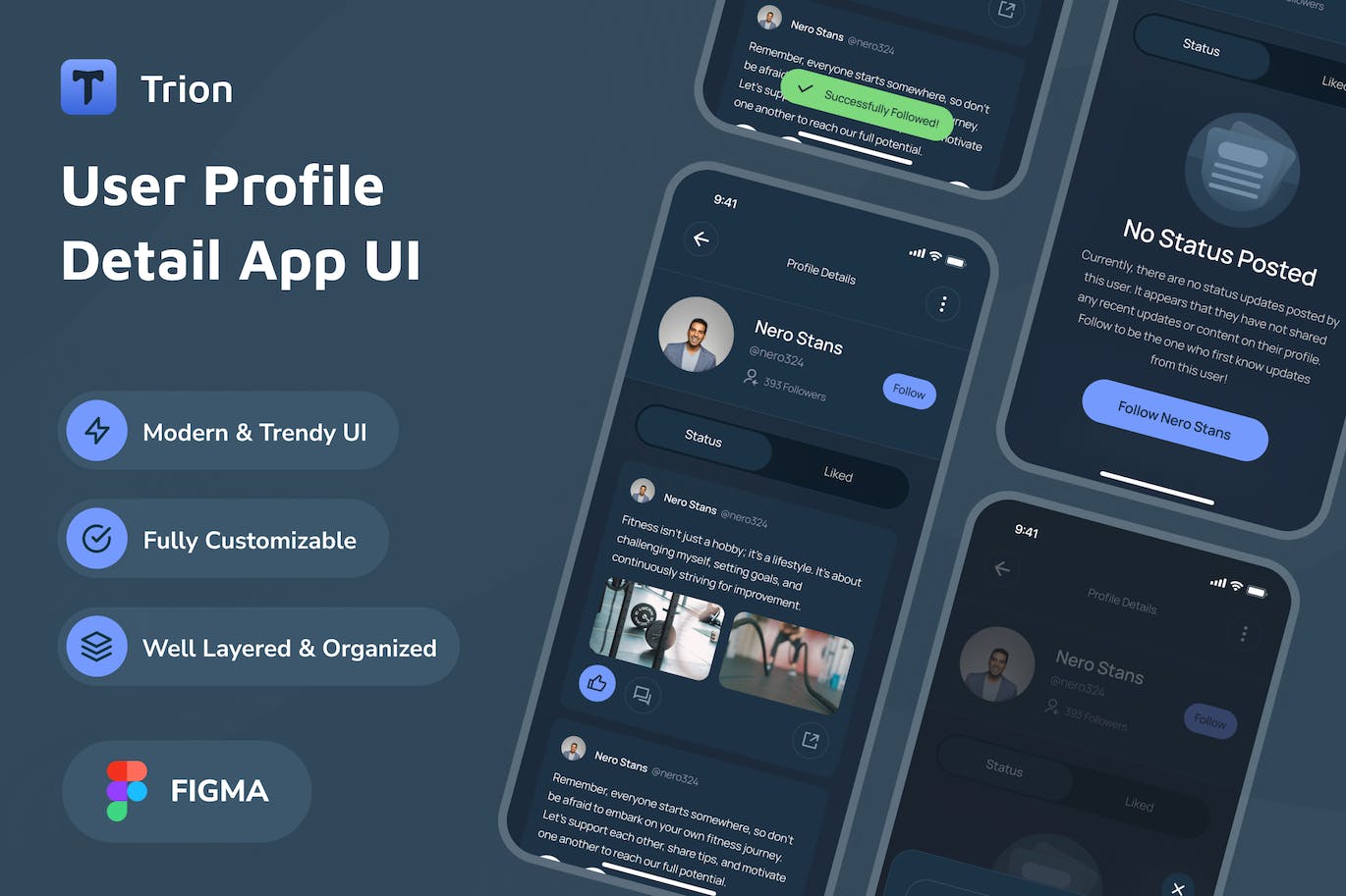 暗黑模式App用户个人资料详细信息页面设计UI模板 Trion &#8211; User Profile Detail Dark Mode App UI