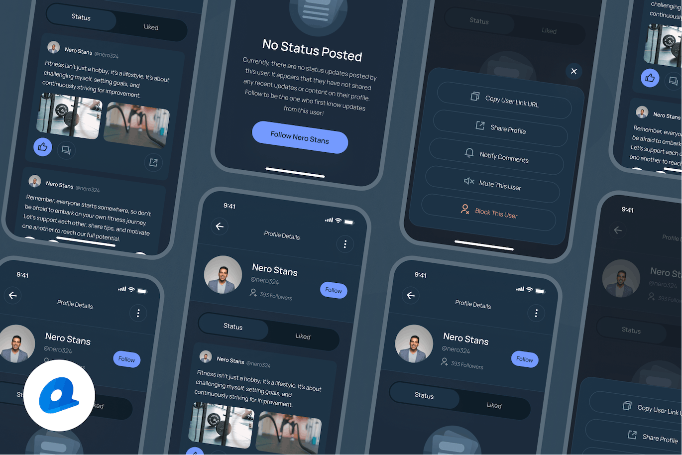 暗黑模式App用户个人资料详细信息页面设计UI模板 Trion &#8211; User Profile Detail Dark Mode App UI