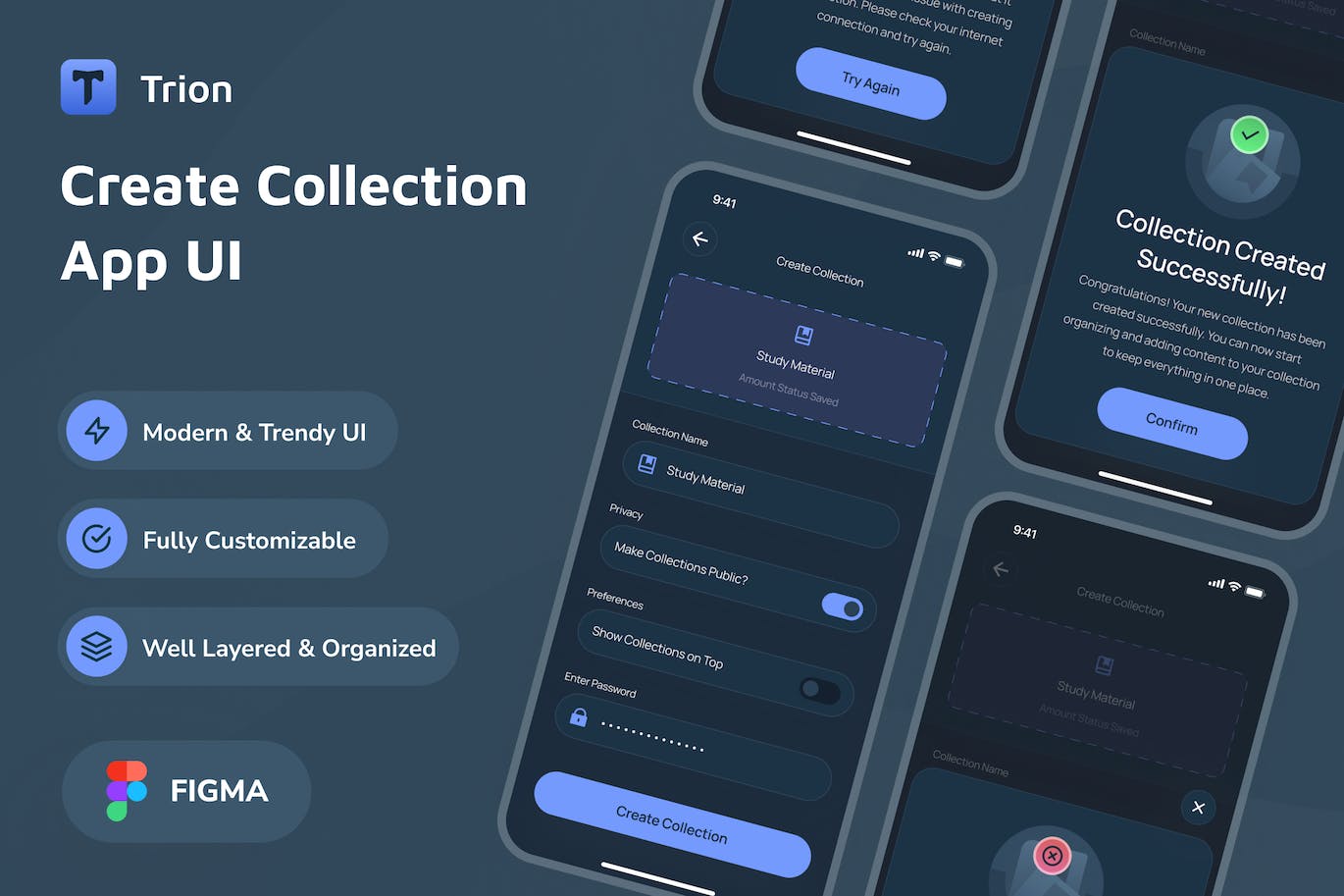 暗黑模式应用程序创建收藏页面设计UI模板 Trion &#8211; Create Collection Dark Mode App UI