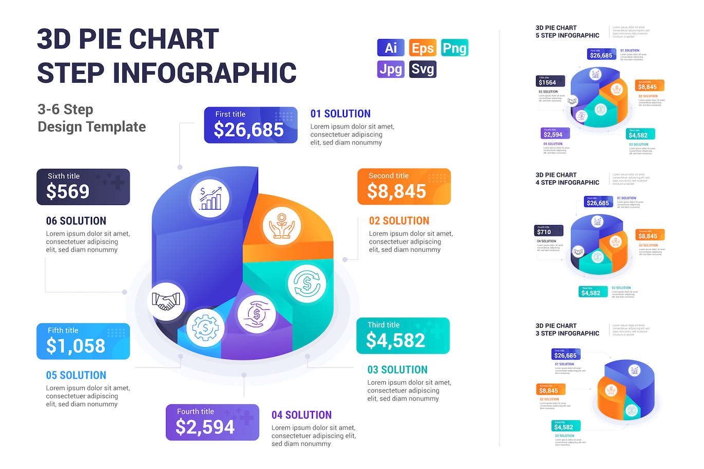 3D 饼图步骤信息图表模板 3D Pie Chart Step Infographic