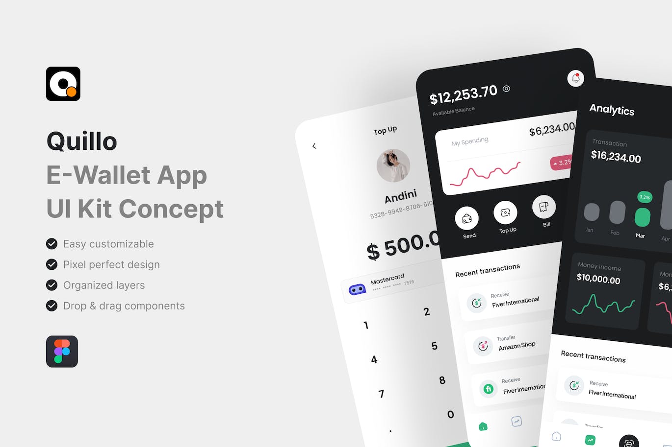 电子钱包APP应用程序 UI 套件 Quillo &#8211; E-Wallet App UI Kit