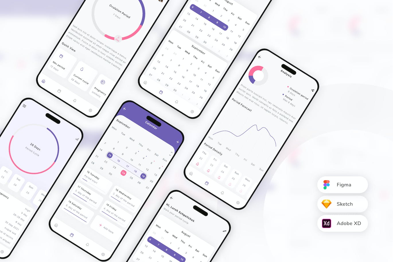 经期追踪移动应用 UI 套件 Period Tracking Mobile App UI Kit