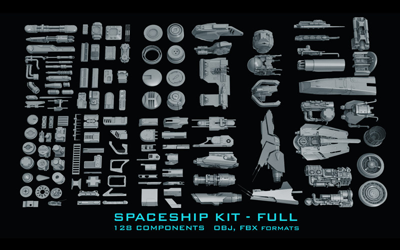 Blender科幻宇宙飞船套件3D模型飞船组件机械零件零部件基础白模_