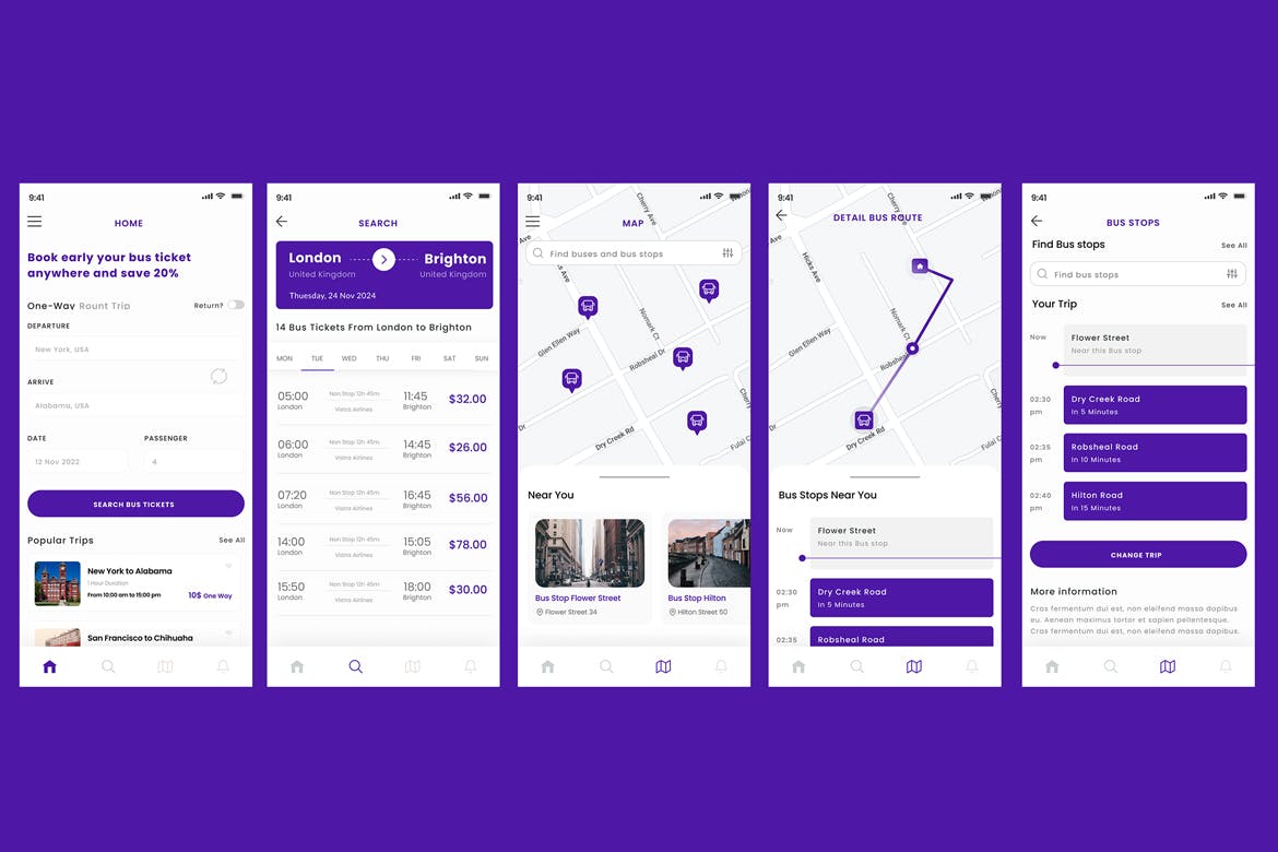 巴士站/路线跟踪器和公共交通应用程序 UI模板 Bus Stop, Route Tracker &amp; Public Transport App UI