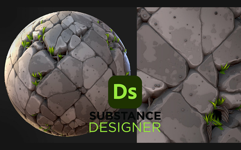 Substance Designer风格化鹅卵石地面材质小草碎石地砖块SD材质球_